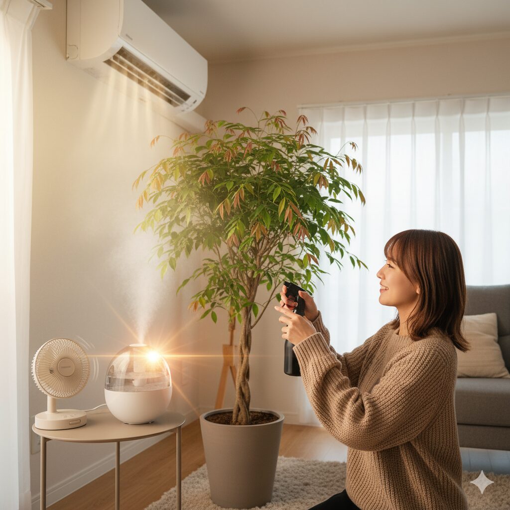 エアコンの下でエバーフレッシュに葉水を与え、加湿器を使っている日本人女性
