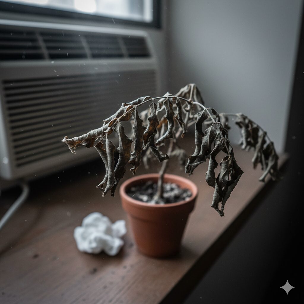 エアコンの近くに置かれ、乾燥してチリチリになったエバーフレッシュの枯れた新芽。