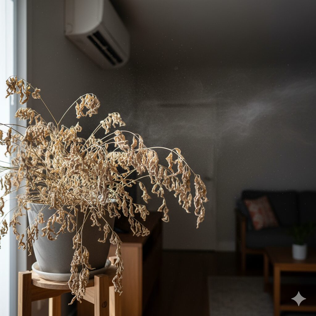 エアコンの風が直接当たり、完全に枯れてしまったエバーフレッシュ。