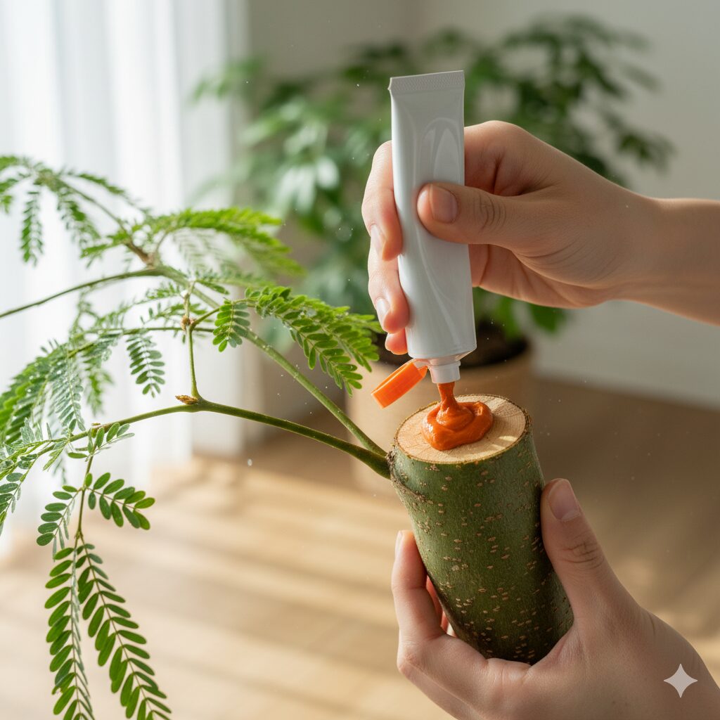 エバーフレッシュの太い枝の切り口に、殺菌と枯れ込み防止のために癒合剤を塗布している様子。