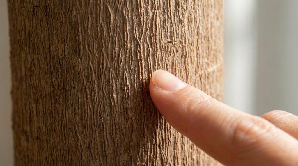 エバーフレッシュの幹の表面に寄った縦方向の細かいシワを指で指し示しているクローズアップ写真。水切れのサイン。