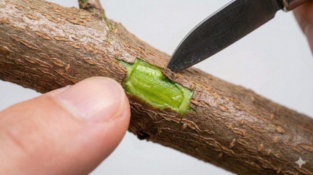 エバーフレッシュの幹の表面をカッターでわずかに削り、樹皮の下にある瑞々しい緑色の形成層が見えている状態を写した、植物の生死を確認するためのクローズアップ。