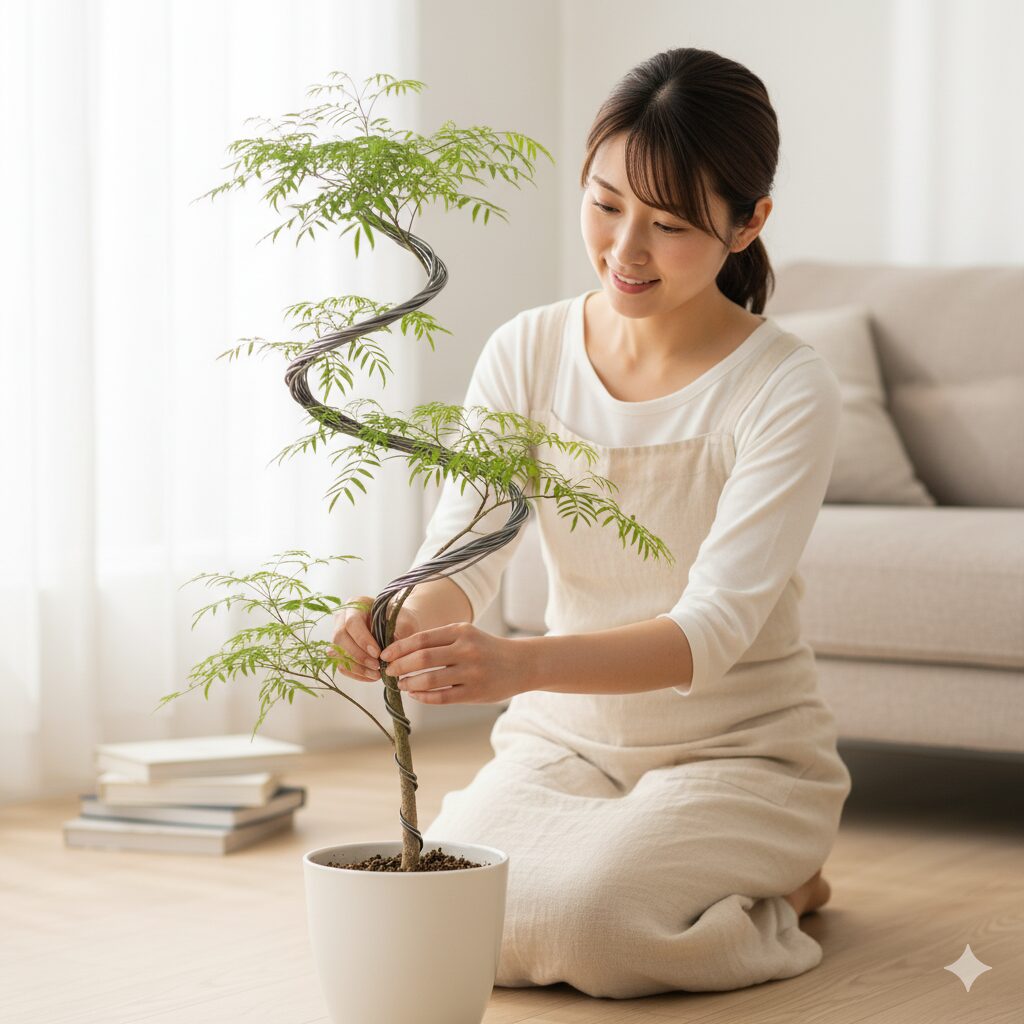 エバーフレッシュの幹をおしゃれなS字型に仕立てるため、若い枝にアルミ線（針金）を螺旋状に巻いていく曲げ加工の様子。