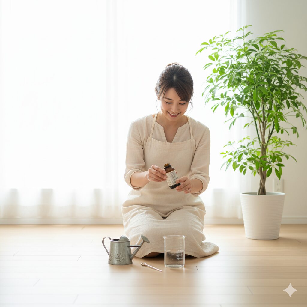 エバーフレッシュの幹を太くするために、水やりとは別に規定量の液体肥料を希釈して準備する作業