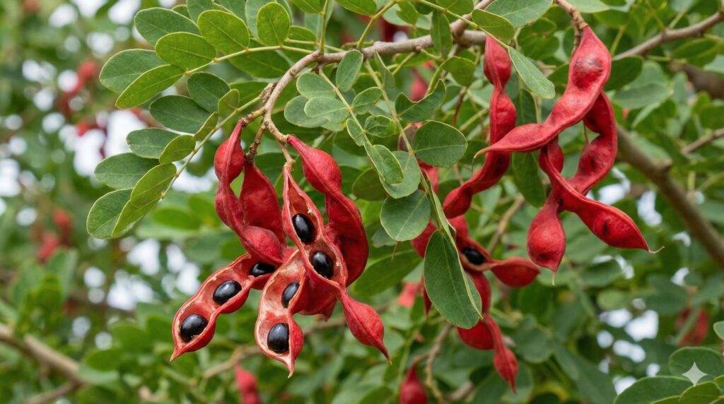 エバーフレッシュの枝から垂れ下がる鮮やかな赤い鞘（さや）と、その中から顔を出している艶やかな黒い実（種子）のクローズアップ写真。「物事の完成」や「結実」を象。