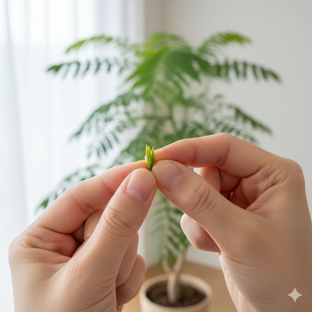 エバーフレッシュの柔らかい新芽の先端を指先で優しく摘み取る「摘心（ピンチ）」の作業