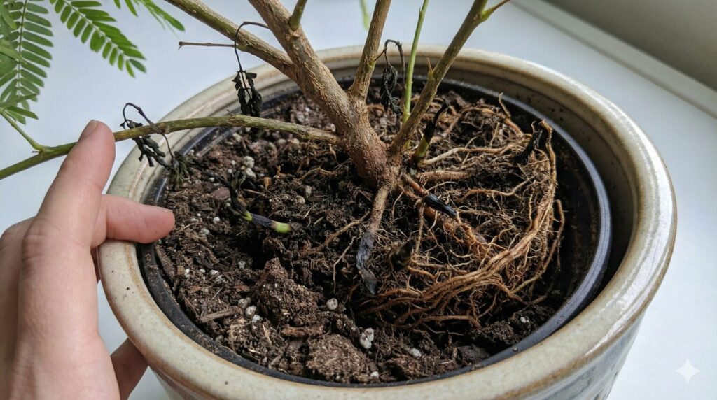 エバーフレッシュの株元で、黒く変色して枯れた新芽が土の上に落ちている様子と、土の表面から茶色く変色した密集した根が露出している状態を写したクローズアップ写