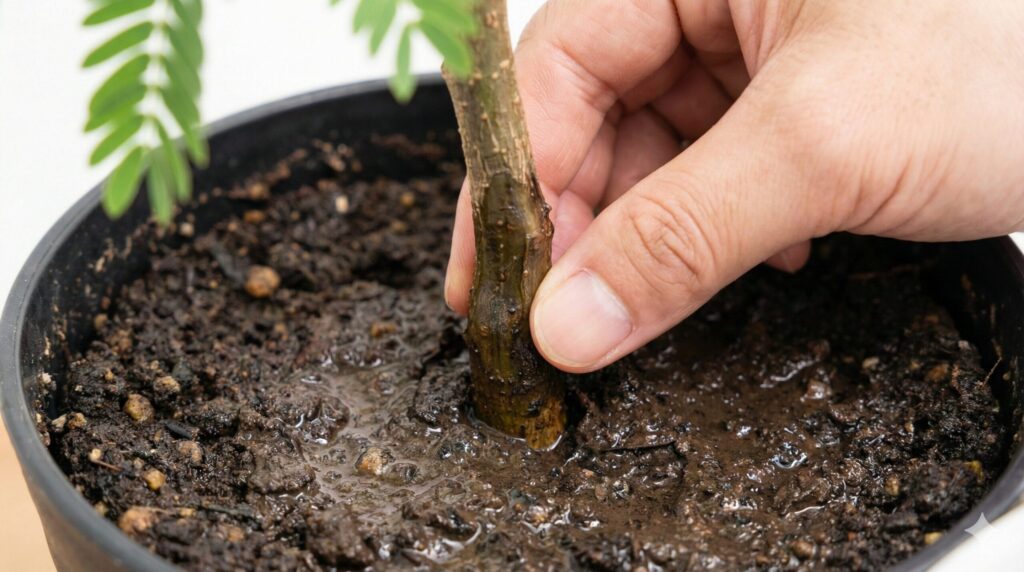 エバーフレッシュの株元の土が黒く湿っており、日本人の手が茎の根元を指で押して、根腐れによるブヨブヨとした柔らかさがないかを確認しているクローズアッ。