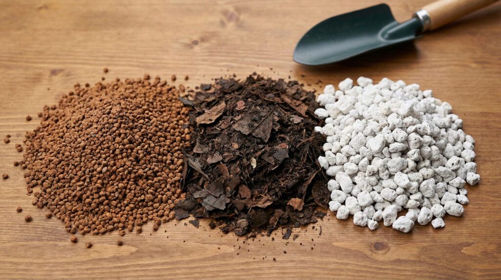 エバーフレッシュの植え替えに適した、赤玉土（小粒）、腐葉土、軽石の3種類の用土が別々に盛られている様子。