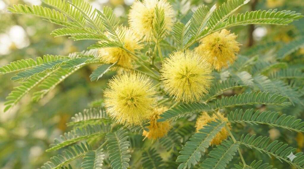 エバーフレッシュの繊細な葉の間で咲き誇る、花言葉「歓喜」を象徴する黄色いふわふわとした花々のクローズアップ写真。