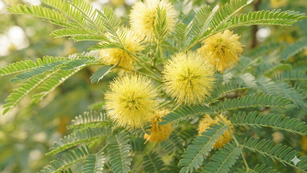 エバーフレッシュの繊細な葉の間で咲き誇る、花言葉「歓喜」を象徴する黄色いふわふわとした花々のクローズアップ写真。