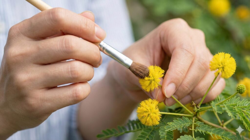 エバーフレッシュの花に、柔らかい筆を使って丁寧に人工授粉を行っている女性の手元のクローズアップ写真。
