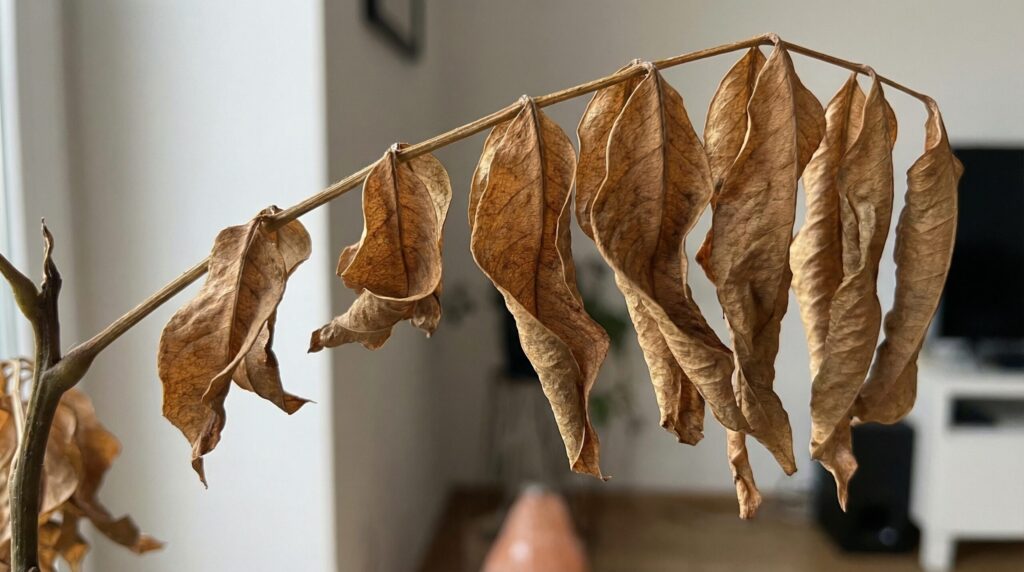 エバーフレッシュの葉が枝についたまま、茶色くチリチリに乾燥して枯れ込んでいるクローズアップ写真。