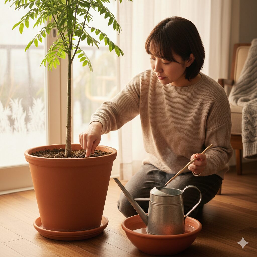 エバーフレッシュの鉢植えの土の表面を指で触って乾燥具合を確認している日本人女性。