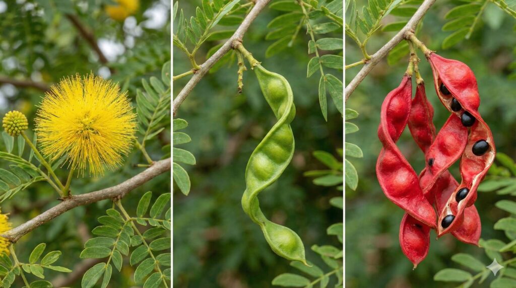 エバーフレッシュの黄色い花、緑色の若いねじれた実、そして熟して弾けた赤い実と黒い種子の成長過程を示す連続写真。