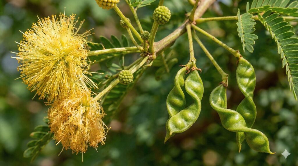 エバーフレッシュの黄色い花が咲き終わり、ねじれた形の小さな緑色の実（さや）が形成され始めている様子のクローズアップ。