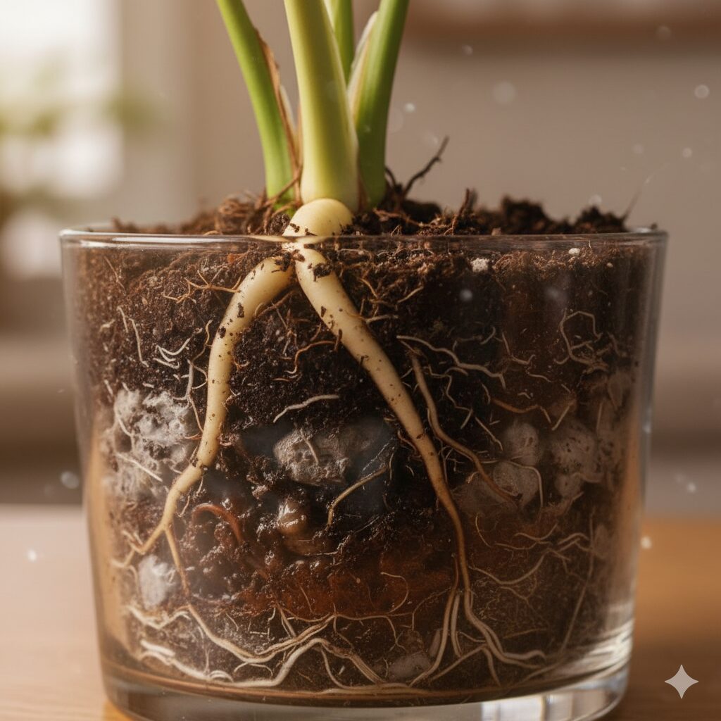 ガラス鉢の中で健康に成長しているモンステラの根。土の中の根がしっかりと張り巡らされている様子がよく見える。