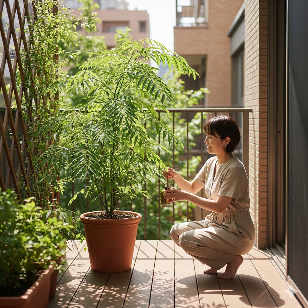 ベランダでエバーフレッシュの葉に霧吹きで葉水を与えている日本人女性。