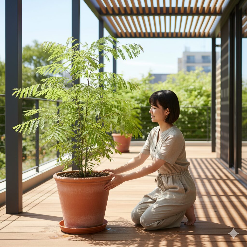 ベランダでエバーフレッシュの鉢植えの向きを調整している日本人女性。