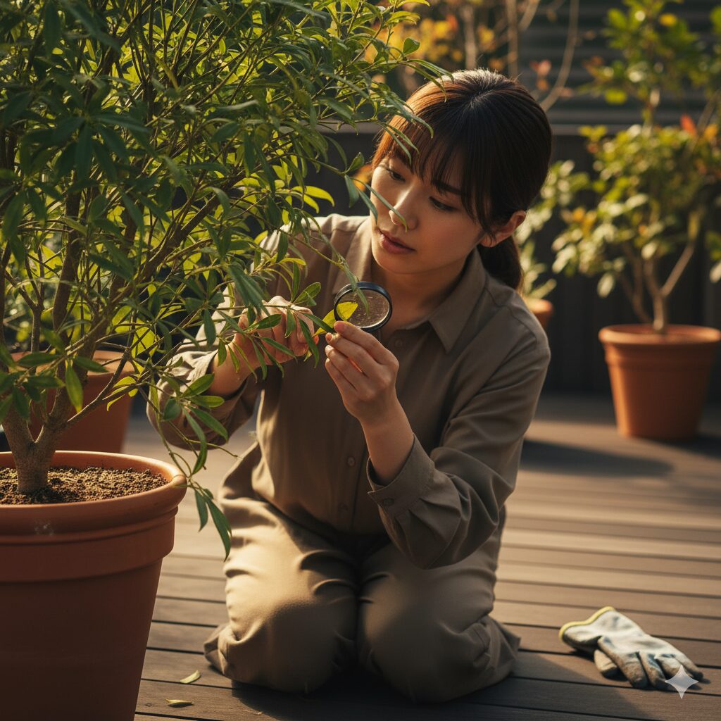 ベランダで植物の葉を虫眼鏡で注意深く観察している日本人女性。