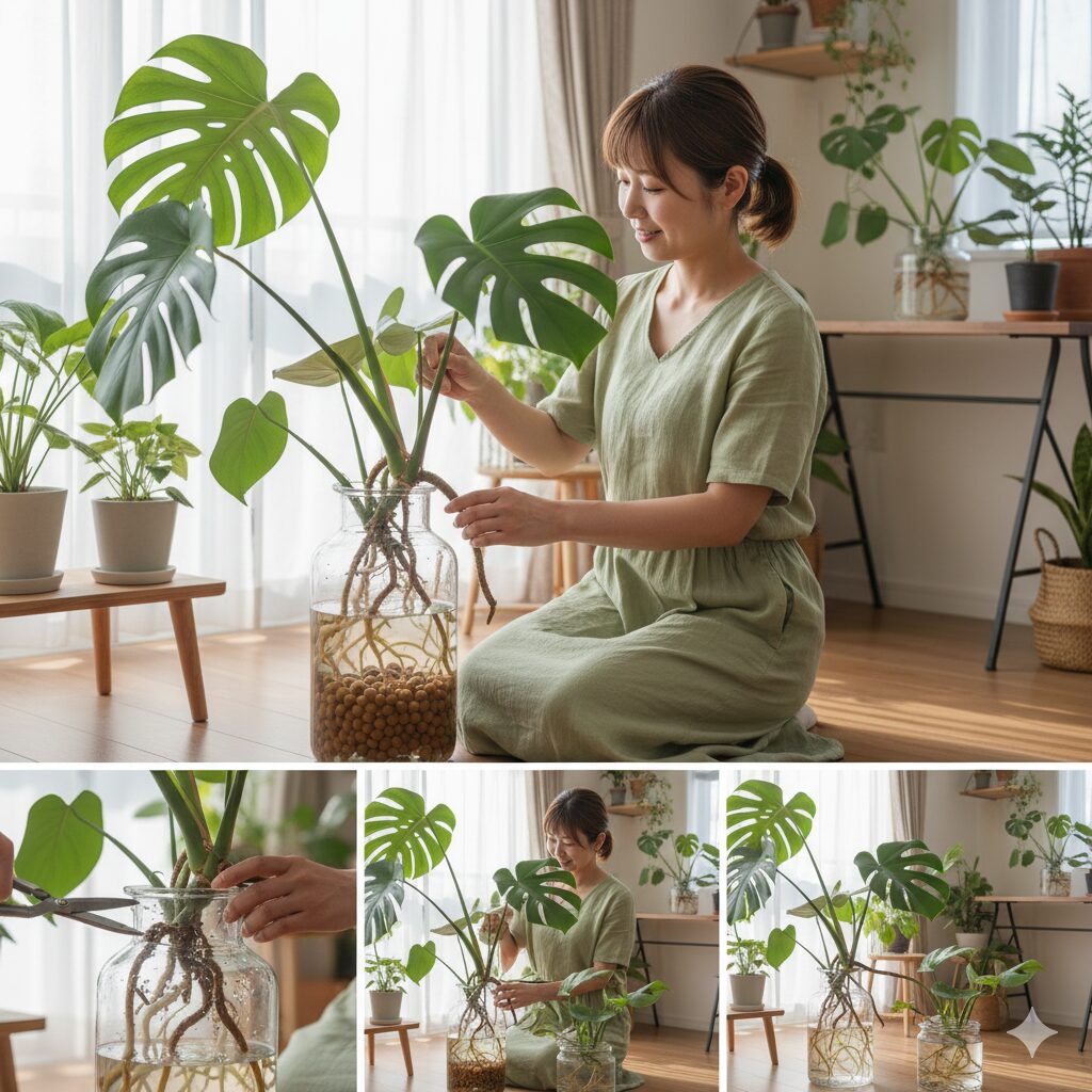 モンステラの水耕栽培で伸びた気根を優しくハイドロボールの中に誘導する日本人女性