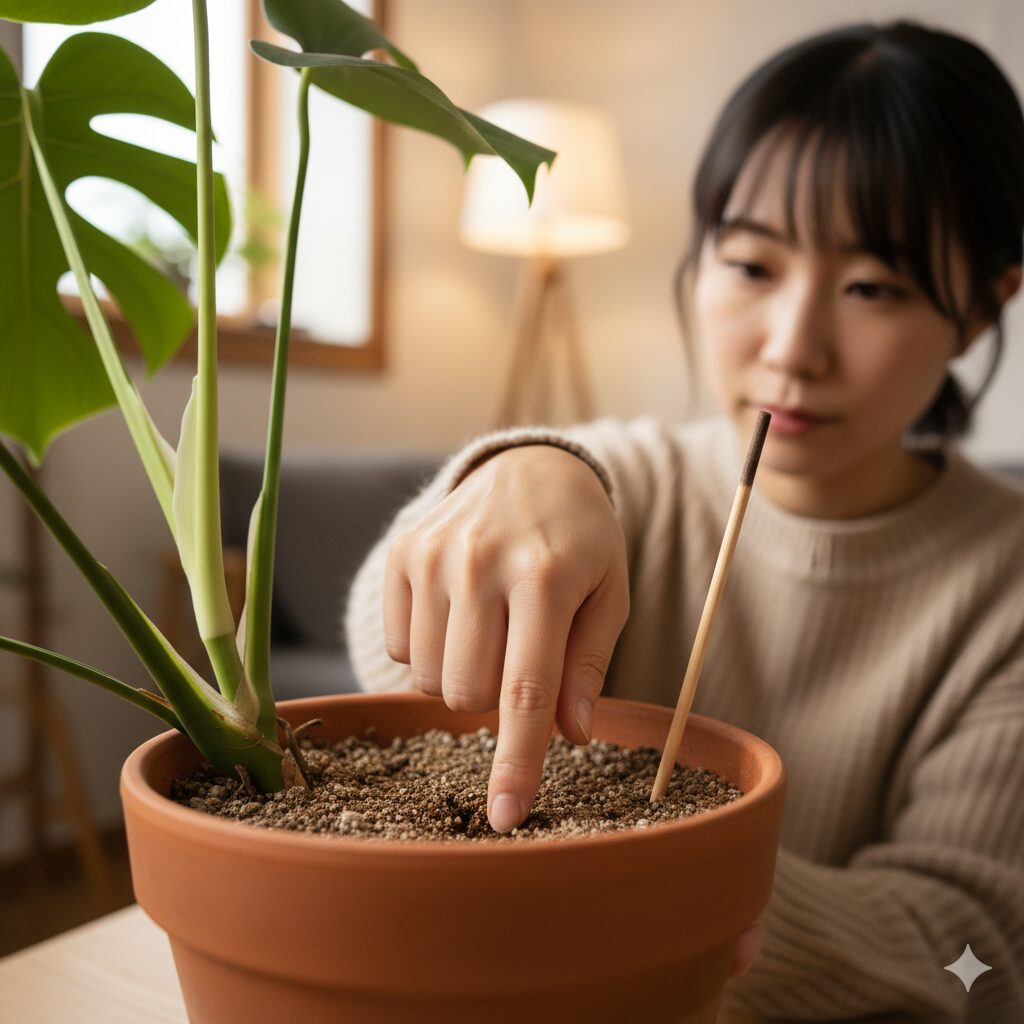 モンステラの鉢植えの土の乾燥具合を指で確認する日本人女性。割り箸が土に挿してあり、土の状態を慎重にチェックしている。