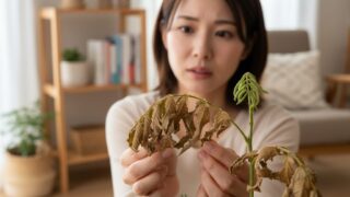 内でエバーフレッシュの枯れた葉を心配そうに見つめる日本人女性。