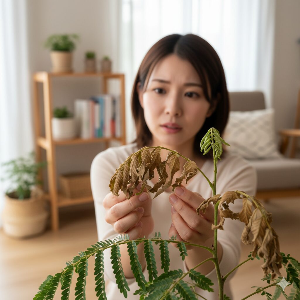 内でエバーフレッシュの枯れた葉を心配そうに見つめる日本人女性。