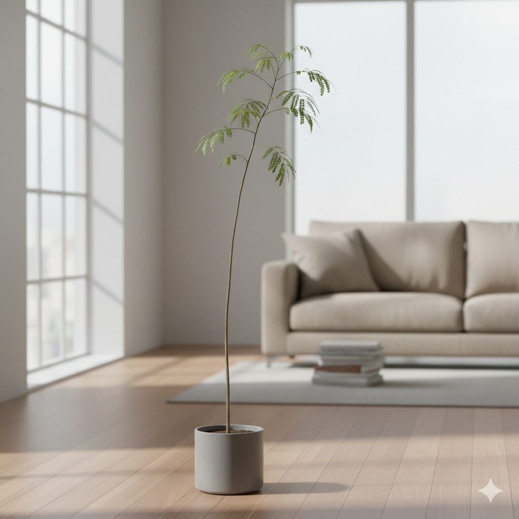 剪定前でヒョロヒョロと徒長し一本棒のように伸びてしまったエバーフレッシュの観葉植物。