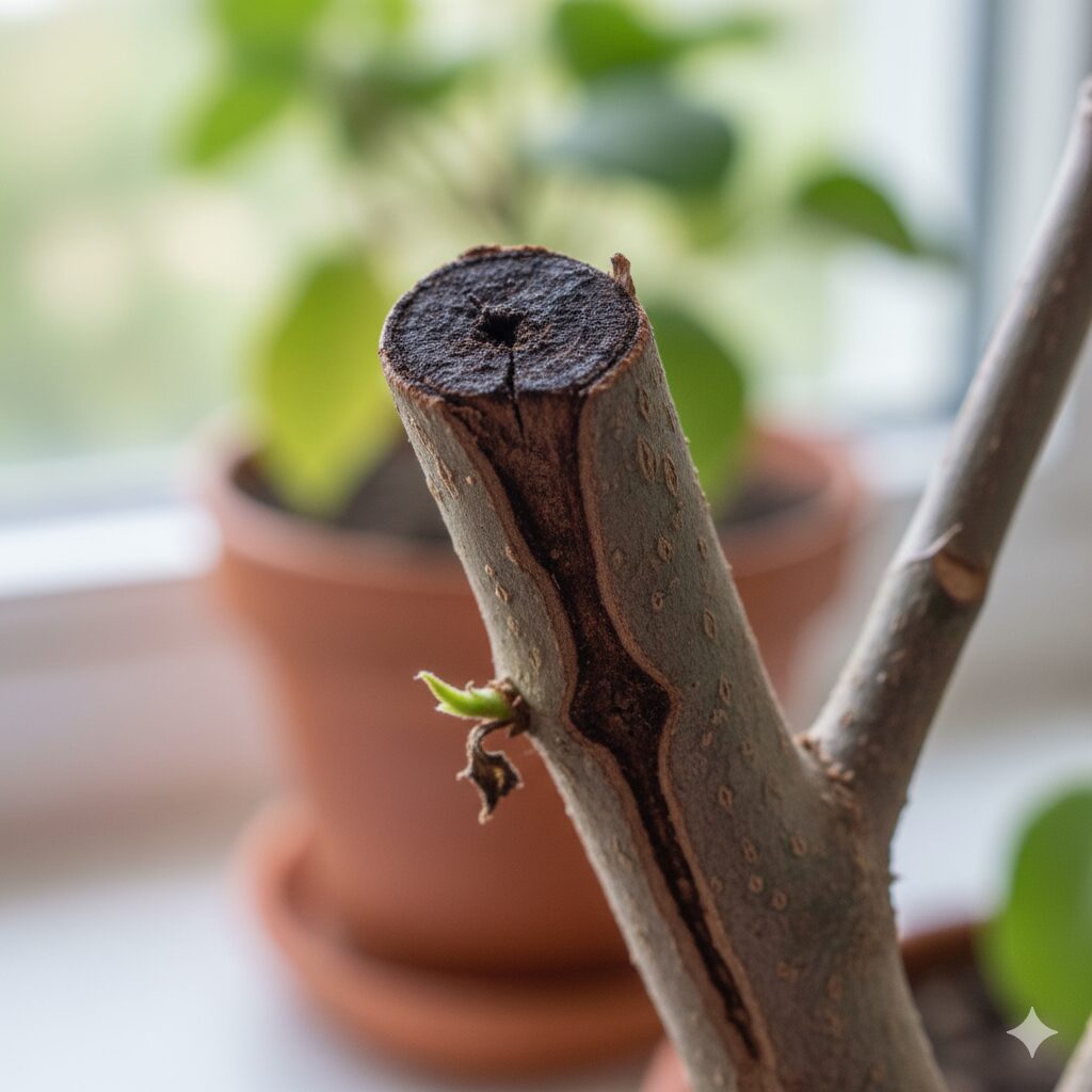 剪定後、切り口から茶色く枯れ込みが進行しているエバーフレッシュの枝。
