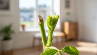 剪定後に切り口の下の節から一斉に勢いよく芽吹いてきたエバーフレッシュの新しい脇芽