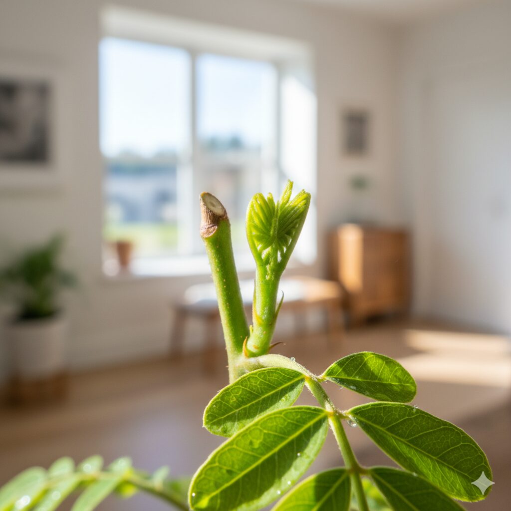 剪定後に切り口の下の節から一斉に勢いよく芽吹いてきたエバーフレッシュの新しい脇芽