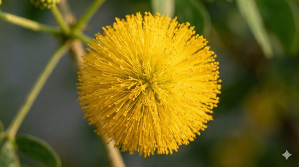 受粉に適したタイミングの、満開を迎えたエバーフレッシュの黄色く丸い花のクローズアップ写真。