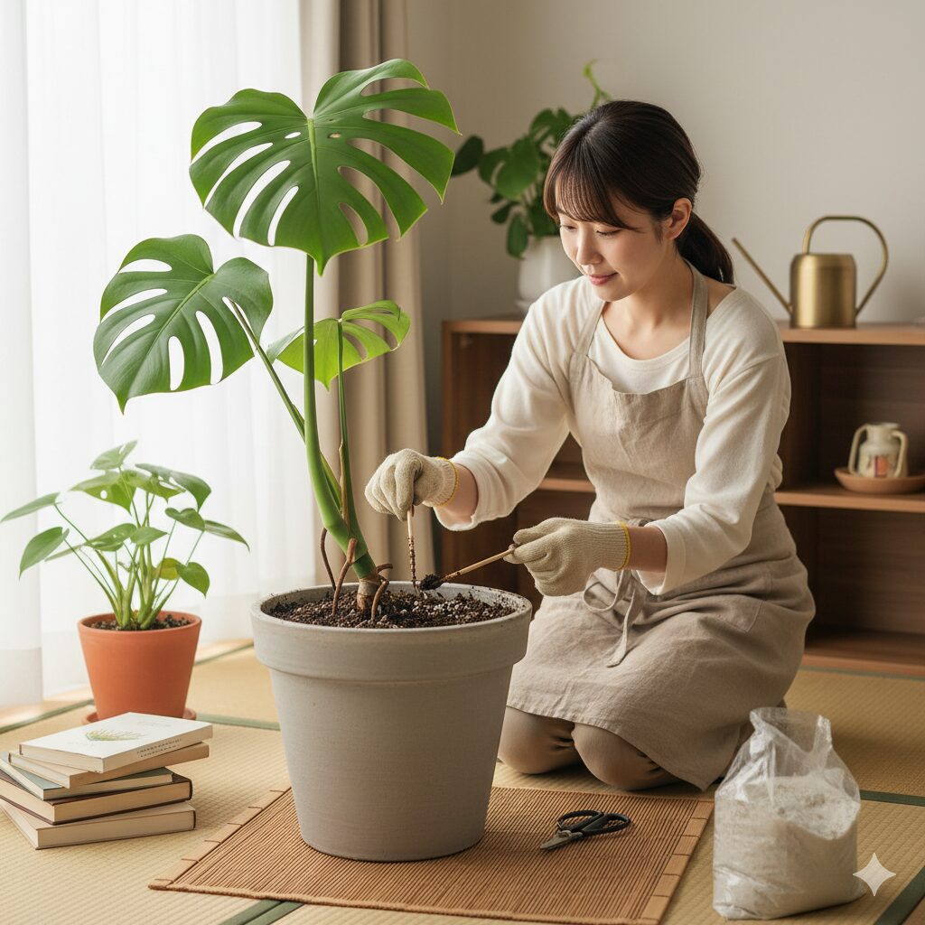 和室でモンステラの大きな鉢植えを手入れする日本人女性
