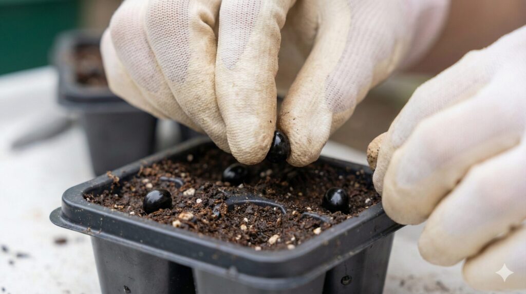 園芸用手袋をした女性の手が、黒く輝くエバーフレッシュの種を育苗ポットの土に丁寧にまいている様子のクローズアップ。