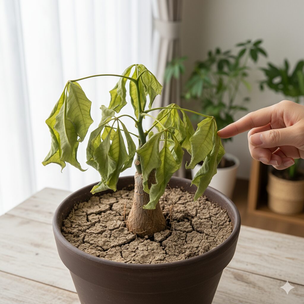 土がひび割れ、葉がしわしわになって力なく垂れている水不足のパキラを指さす女性。