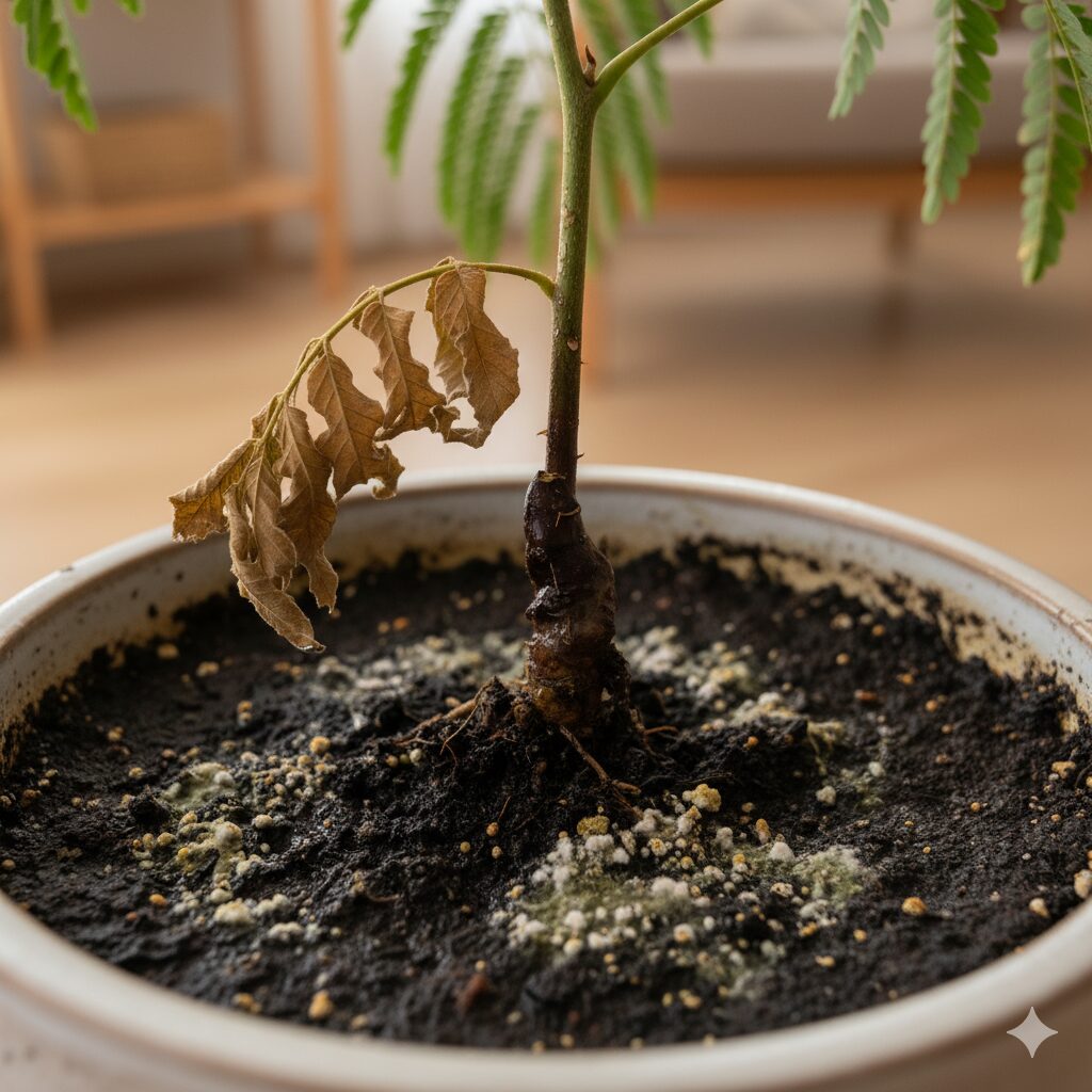 土が湿っており、白いカビが発生しているエバーフレッシュの根元。葉はチリチリになっている。