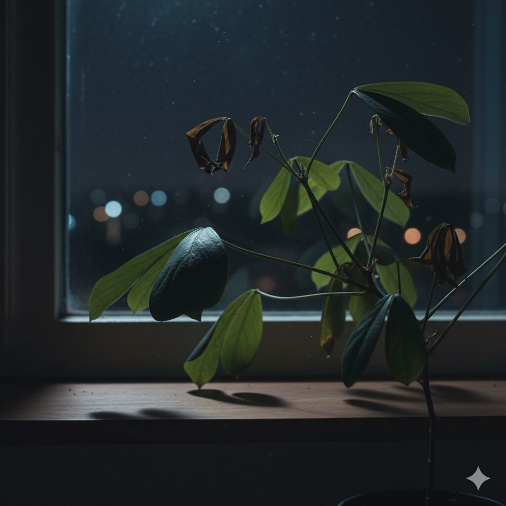 夜になっても葉を閉じずに開いたままのエバーフレッシュ。窓の外には街の夜景が見える。