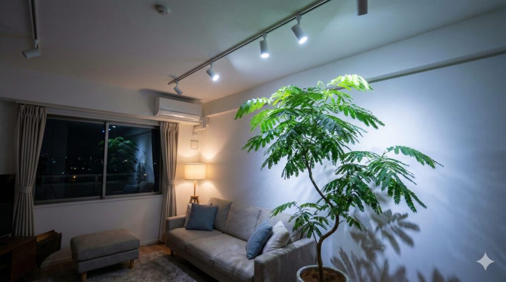 夜のリビングルームで、明るいLED照明が点灯しているため、就眠運動を行わずに葉が完全に開いたままになっているエバーフレッシュ。