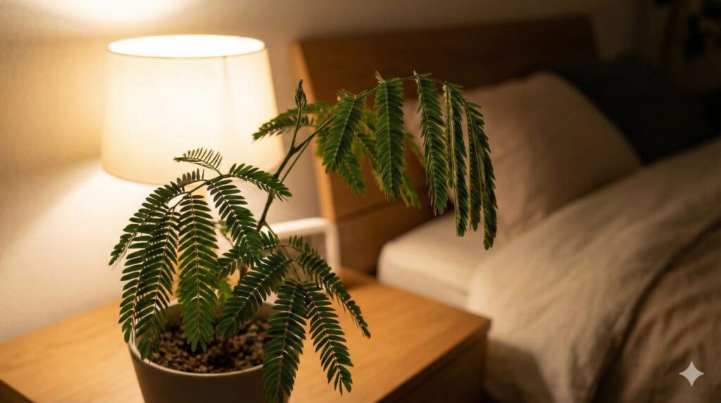 夜の寝室のベッドサイドテーブルに置かれ、就眠運動によって葉を閉じたエバーフレッシュの様子。「枯れた」と誤解されやすいが、エネルギーを充電している正常な