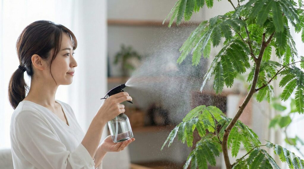 室内で、日本人の女性が霧吹きを使ってエバーフレッシュの葉と幹全体に微細なミストを吹きかけ、丁寧に葉水（はみず）を与えている様子。
