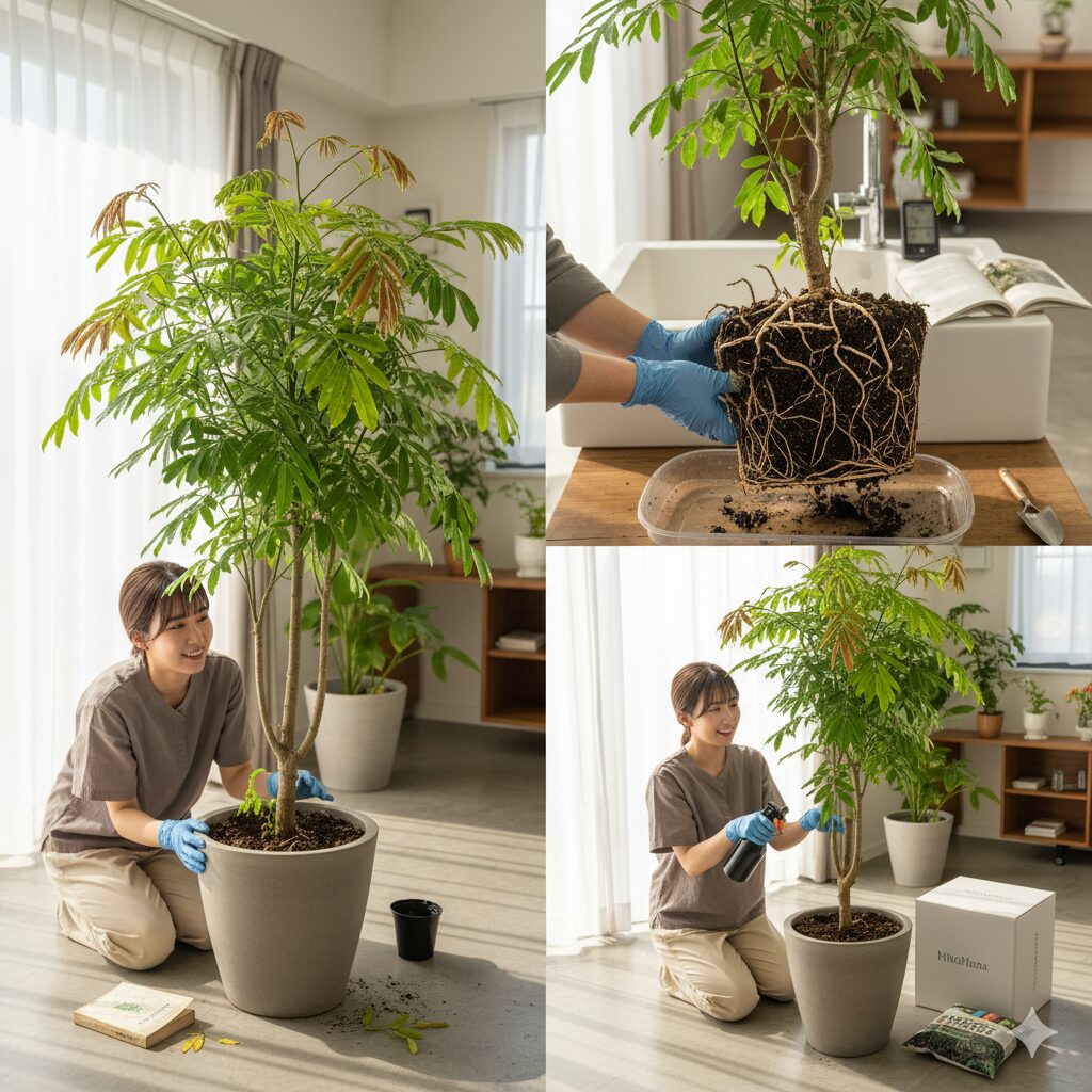 室内でエバーフレッを植え替えたり、葉水を与えたりして世話をする日本人女性。健康的で生き生きとしたエバーフレッシュの木が、明るいリビ子。