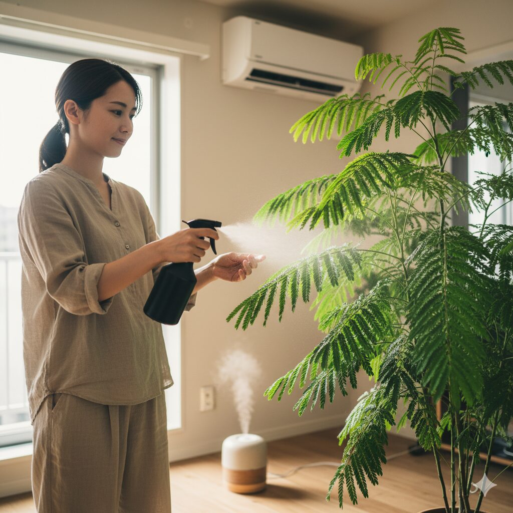 室内でエバーフレッシュに葉水を与える日本人女性と、そばにある加湿器