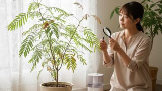 室内でエバーフレッシュの新芽をルーペで熱心に観察する日本人女性