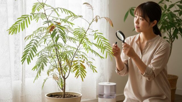 室内でエバーフレッシュの新芽をルーペで熱心に観察する日本人女性