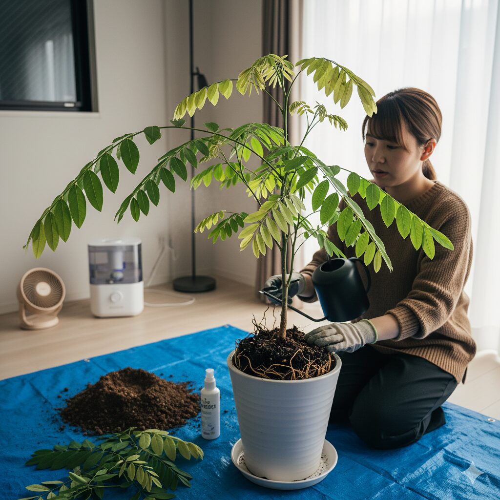 室内でエバーフレッシュの植え替え作業をしている日本人女性、根が見えている