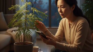 室内でエバーフレッシュの葉に触れながらスマートフォンの検索結果を見つめる女性。