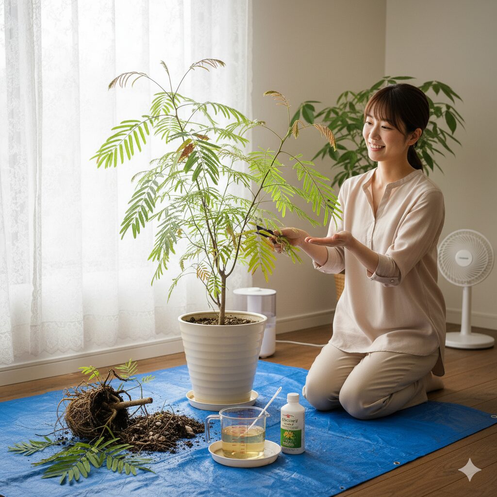 室内でエバーフレッシュを剪定しながら活力剤を準備している日本人女性