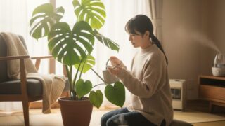 室内でモンステラに水やりをする日本人女性。冬の柔らかな日差しが差し込む部屋で、モンステラが健康的に育っている様子。