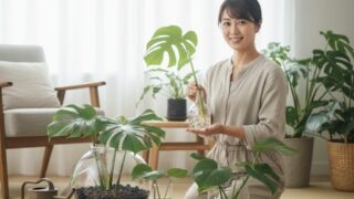 室内でモンステラの水耕栽培を楽しむ日本人女性が、手入れされたモンステラの鉢植えや水挿しを見せる様子